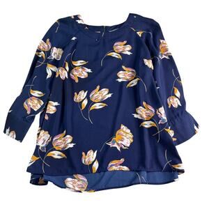 Daniel Rainn XL Navy Floral Blouse Long Sleeve Zip Back Career Top